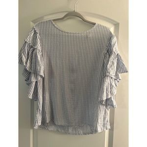 Philosophy  Sybil Blue White Striped Ruffled Sleeve Keyhole Back Sz M